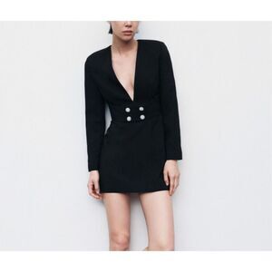 Zara Black Long Sleeve V Neck Belted Mini Dress Size Medium